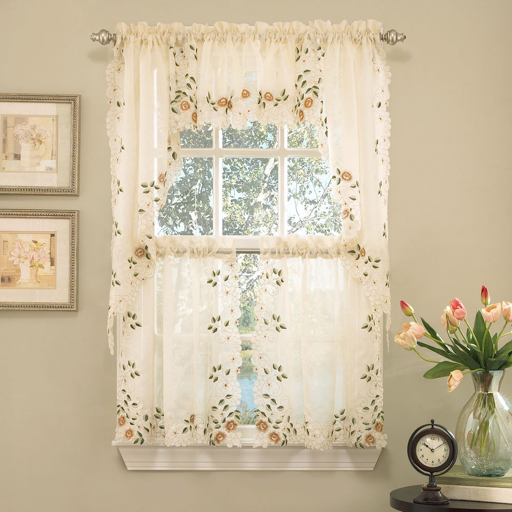 Floral Kitchen Curtains
 Floral Embroidered Semi Sheer Linen Kitchen Curtain Choice