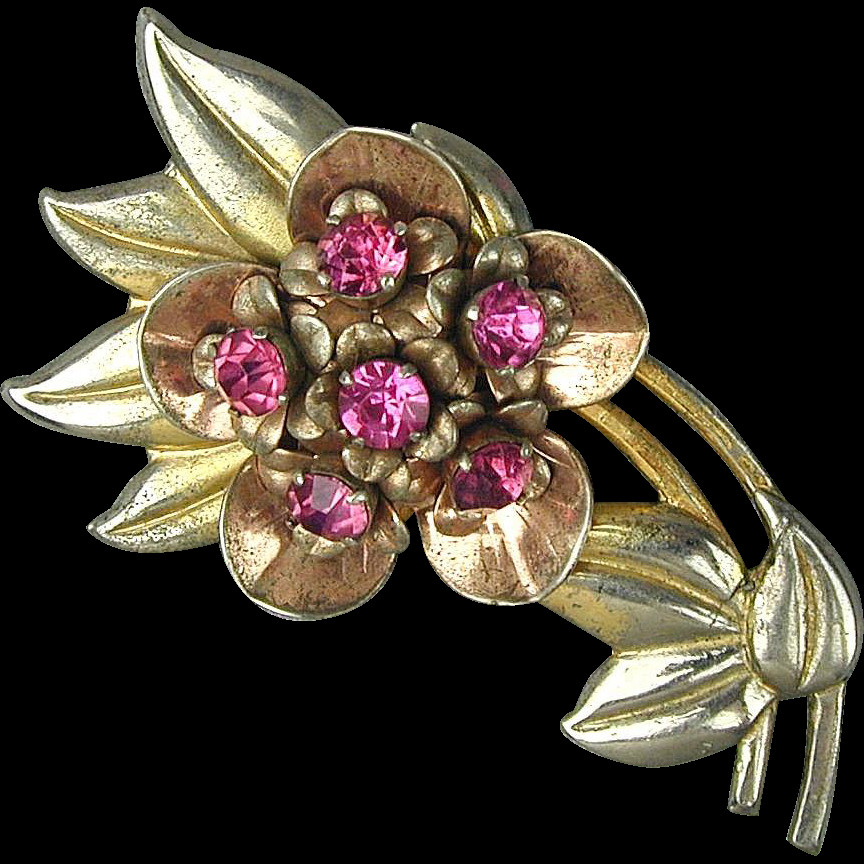 Flower Pins
 Vintage 1930s Sterling Silver Rhinestone Flower Pin Brooch