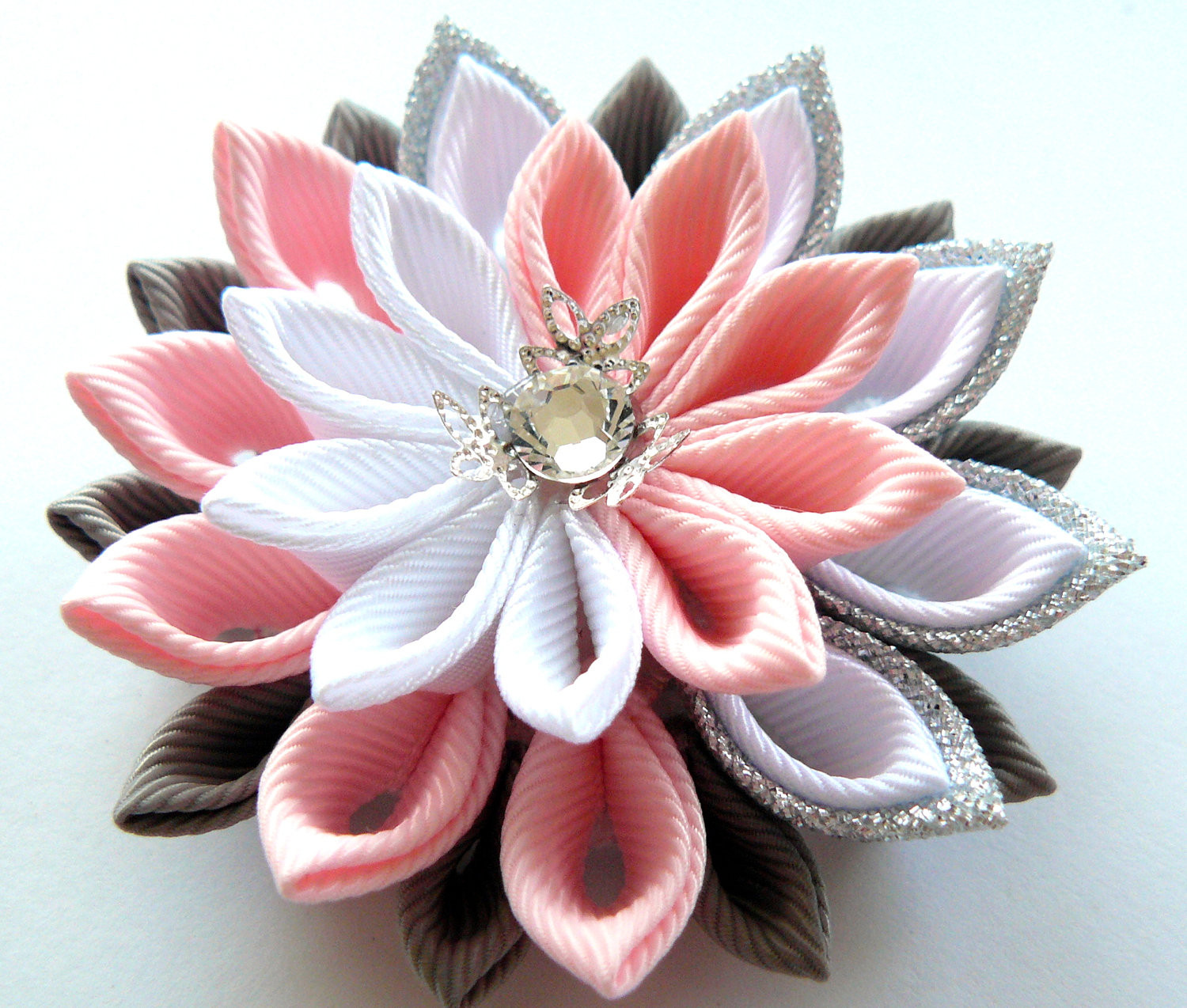 Flower Pins
 Kanzashi fabric flower brooch Pink white grey and silver