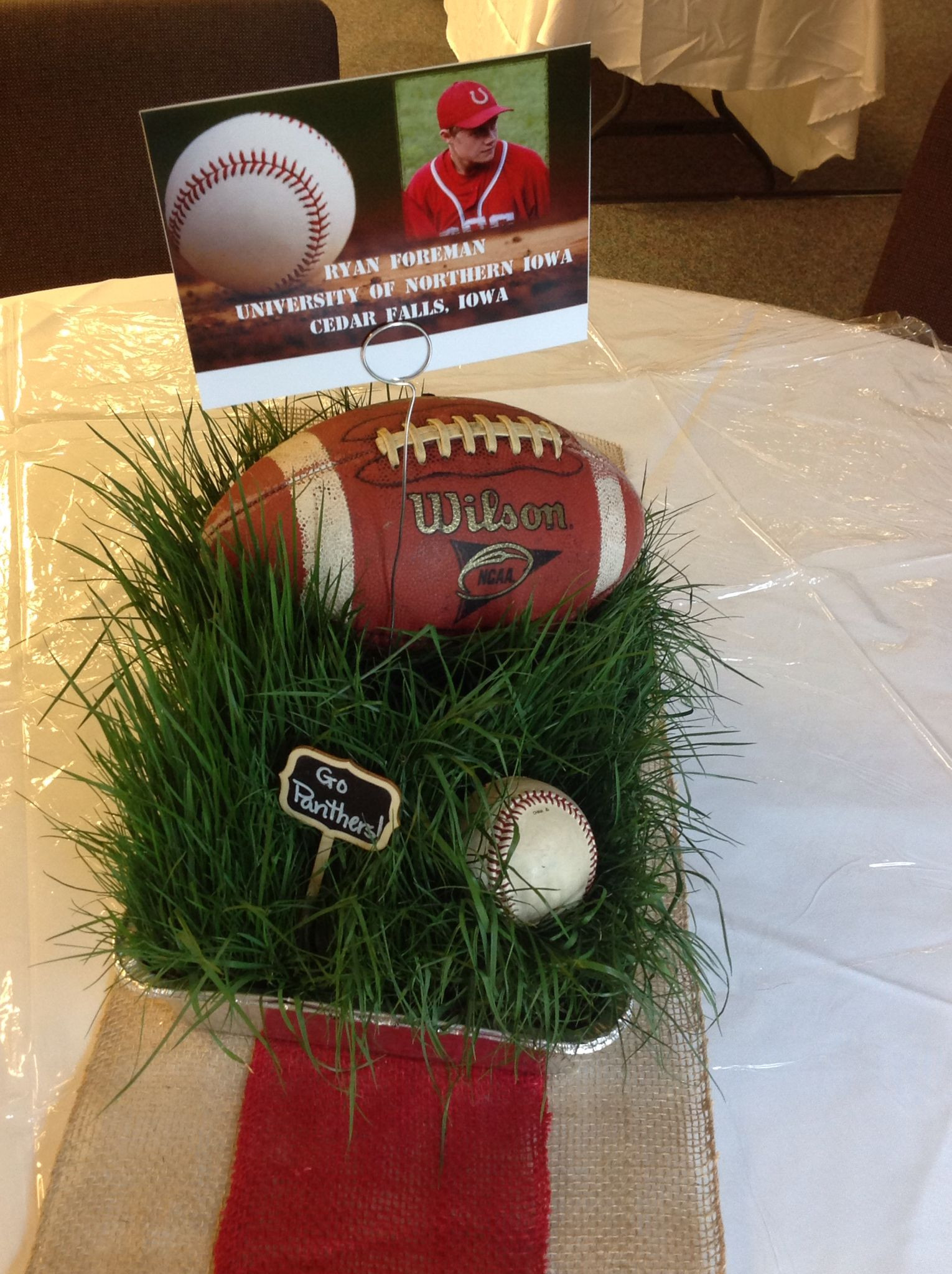Football Graduation Party Ideas
 Centerpieces with real grass for football baseball theme