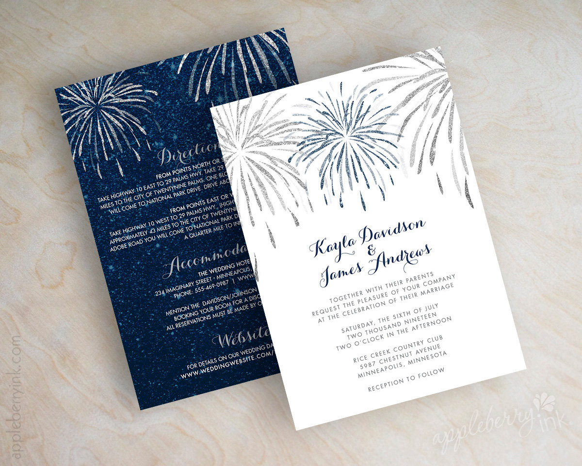 Fourth Of July Wedding Invitations
 Navy blue and silver glitter wedding invitation 4th of July