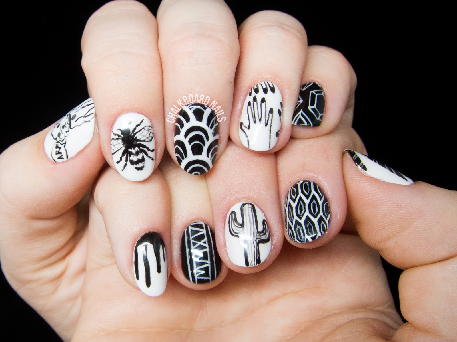 Freehand Nail Art
 Personalized Black and White Freehand Nail Art