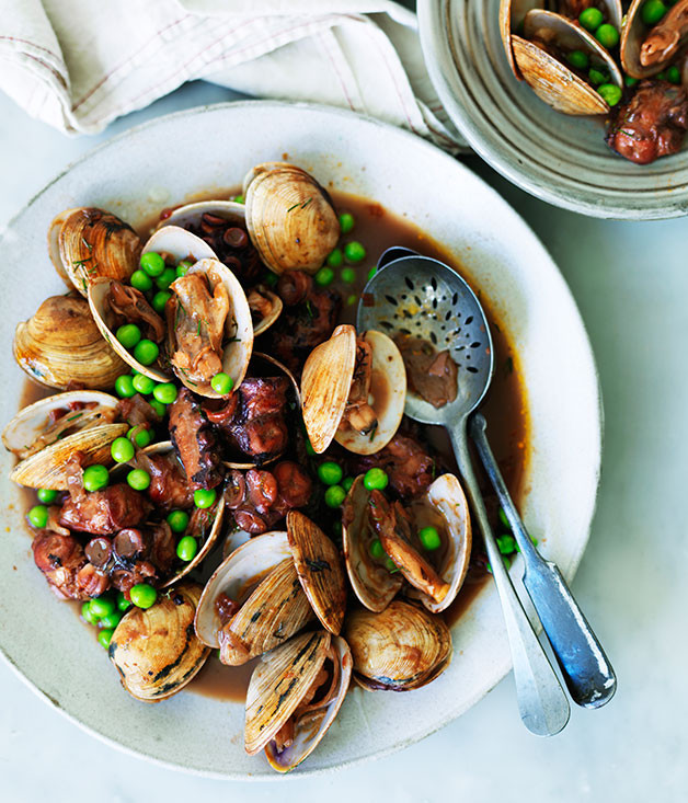 French Seafood Recipes
 Octopus braised in red wine with clams and peas recipe