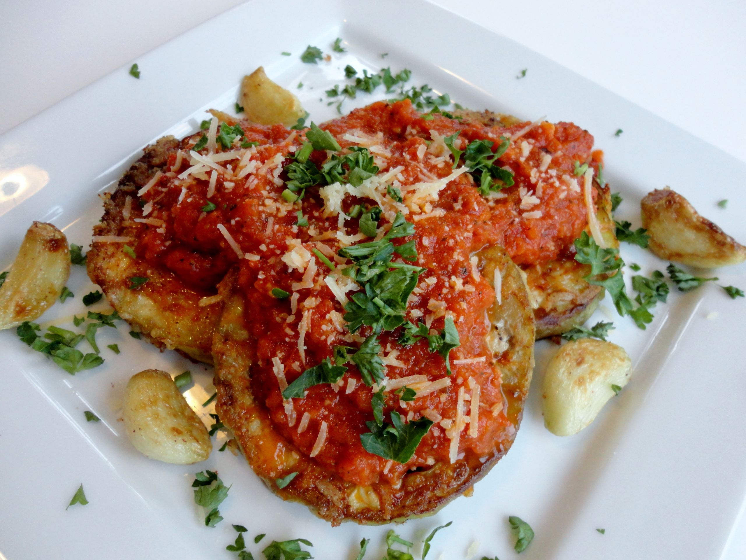 Fried Eggplant Parmesan
 Low Carb Eggplant Parmesan with Fire Roasted Tomato Sauce