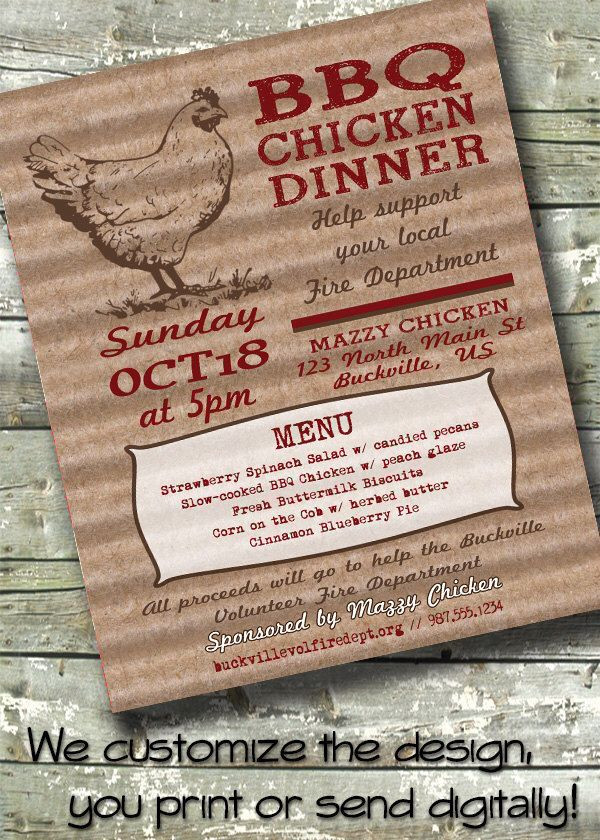 Fundraising Dinner Ideas
 BBQ Chicken Dinner Fundraiser Flyer 5x7 Invite 8