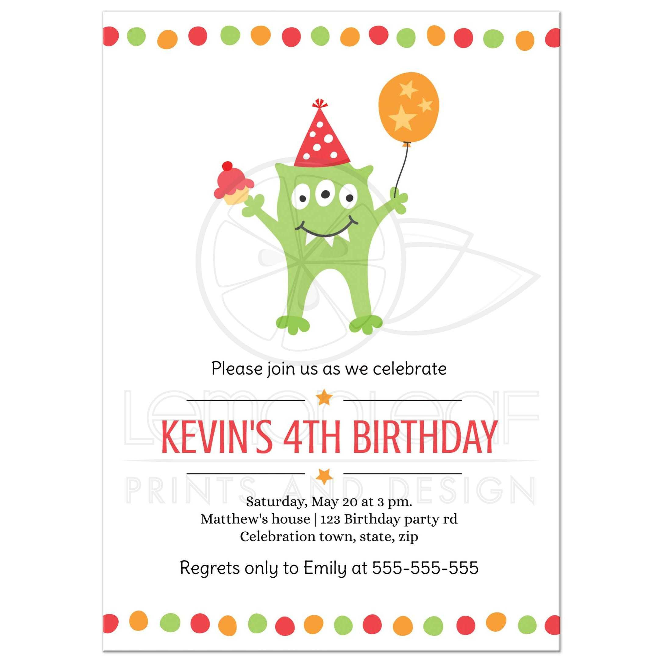 Funny Birthday Invitations
 Funny monster with balloon and party hat birthday