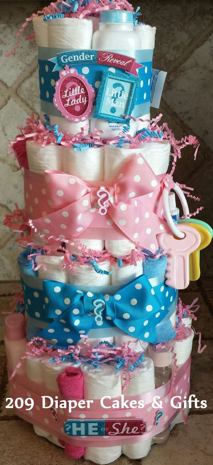 Gender Reveal Party Gift Ideas
 4 Tier Pink & Blue Gender Reveal Diaper Cake by 209 Diaper