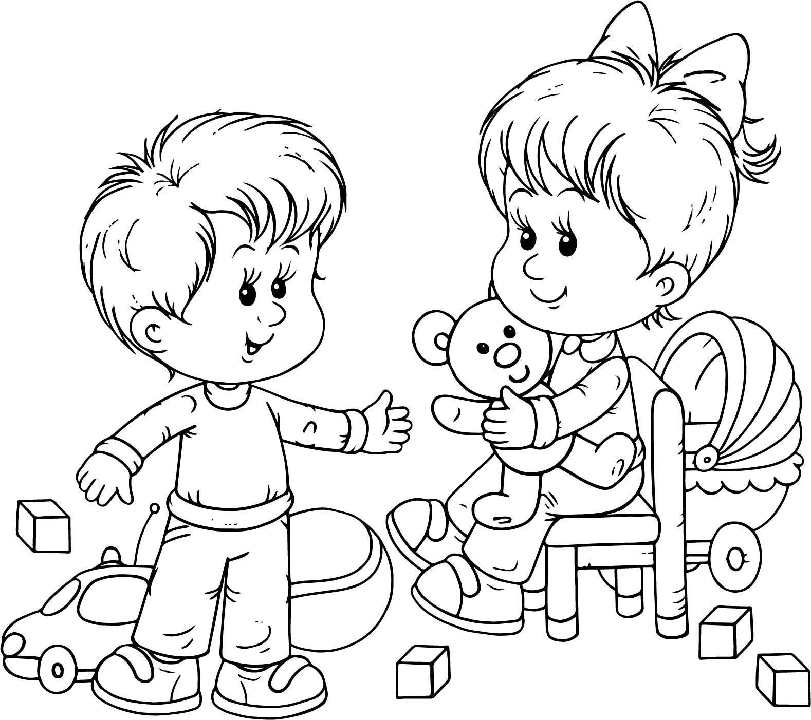 Girls And Boys Coloring Pages
 Preschool Boy And Girl Playing Toys Coloring Page