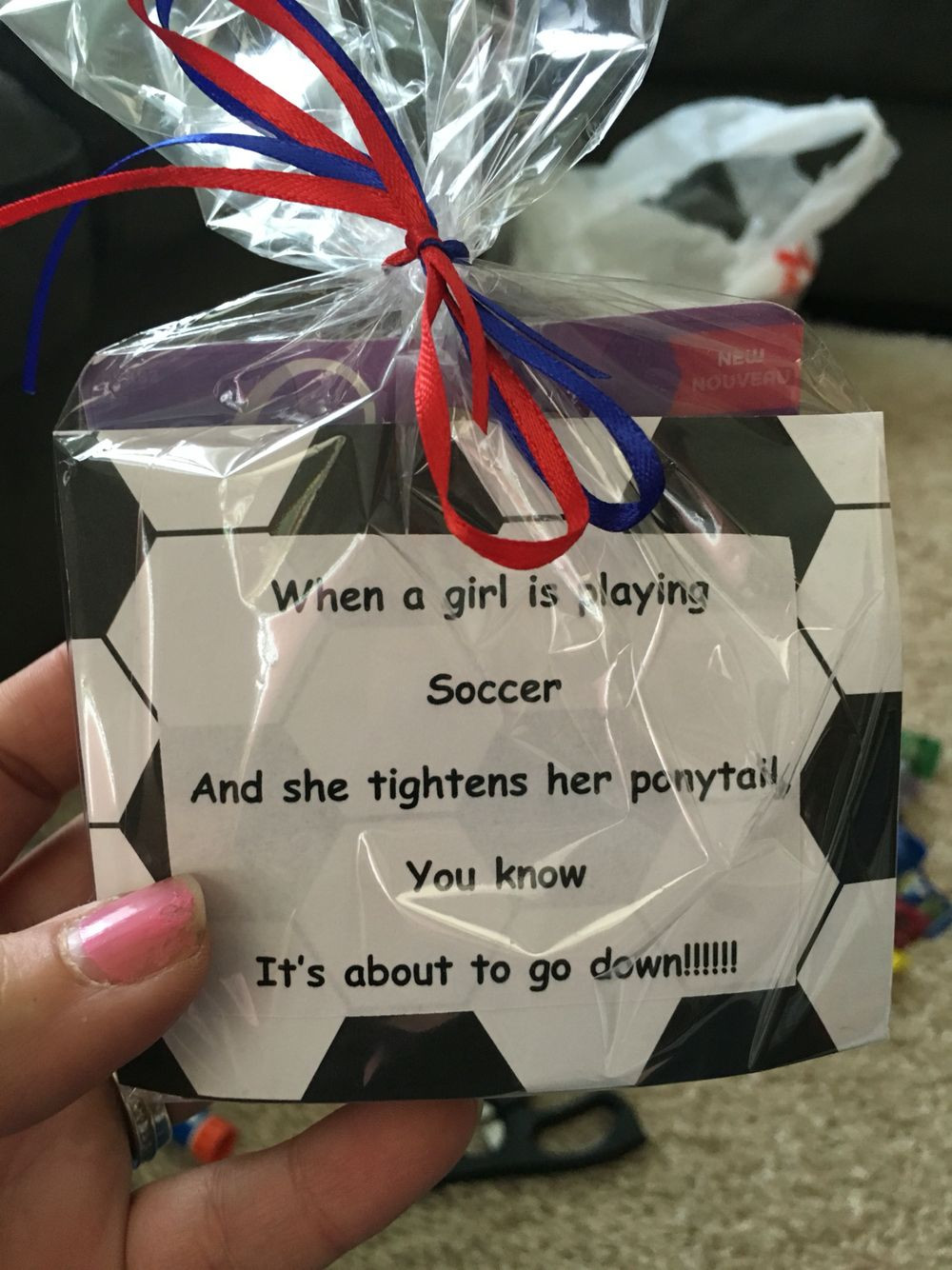 Girls Soccer Gift Ideas
 Girls soccer team treat bags filled with ponytail holders