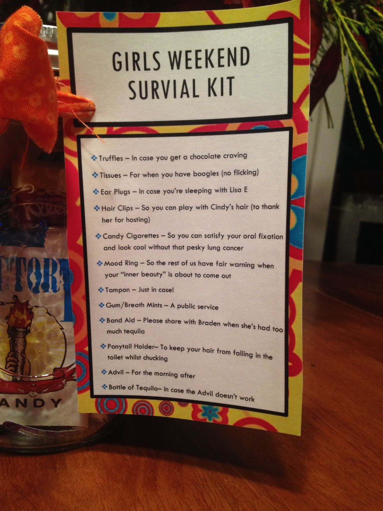 Girls Trip Gift Ideas
 Gils Weekend Survival Kit Close up of the card with a list