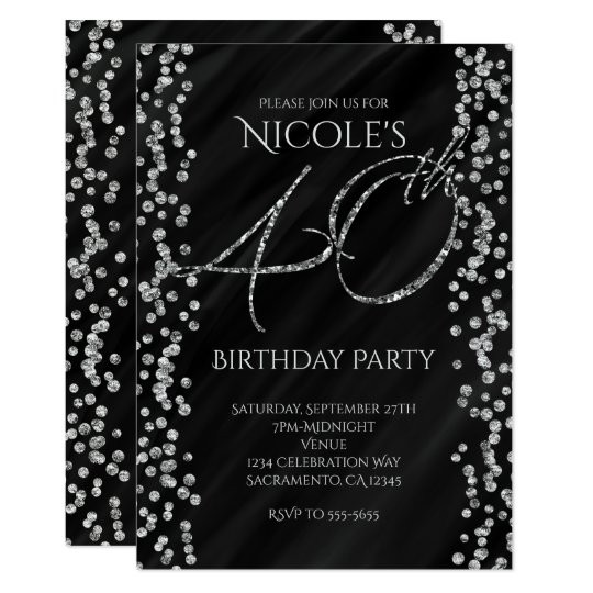 Glitter Birthday Invitations
 Black & Faux Silver Glitter Glam 40 40th Birthday
