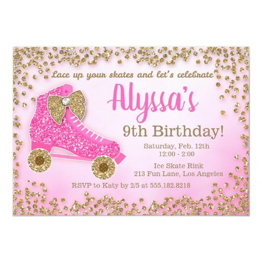 Glitter Birthday Invitations
 Pink & Gold Glitter Roller Skate Girl s Birthday