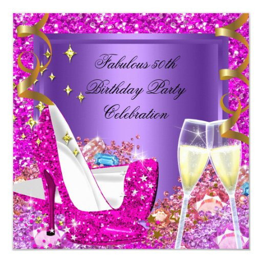 Glitter Birthday Invitations
 Fabulous 50 Pink Purple Glitter Heels Birthday Invitation