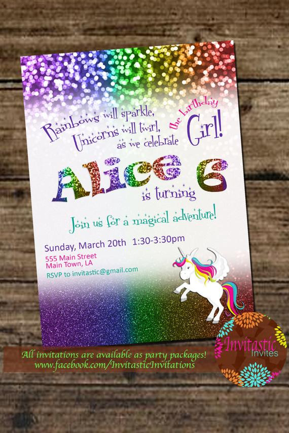 Glitter Birthday Invitations
 Rainbow Unicorn Glitter Birthday Party Invitation Rainbow
