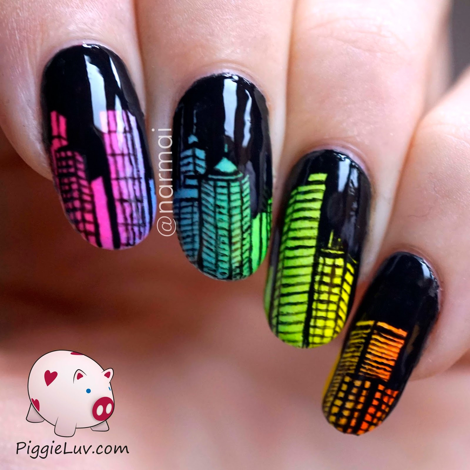 Glow In The Dark Nail Art
 PiggieLuv Glow in the dark city skyline nail art