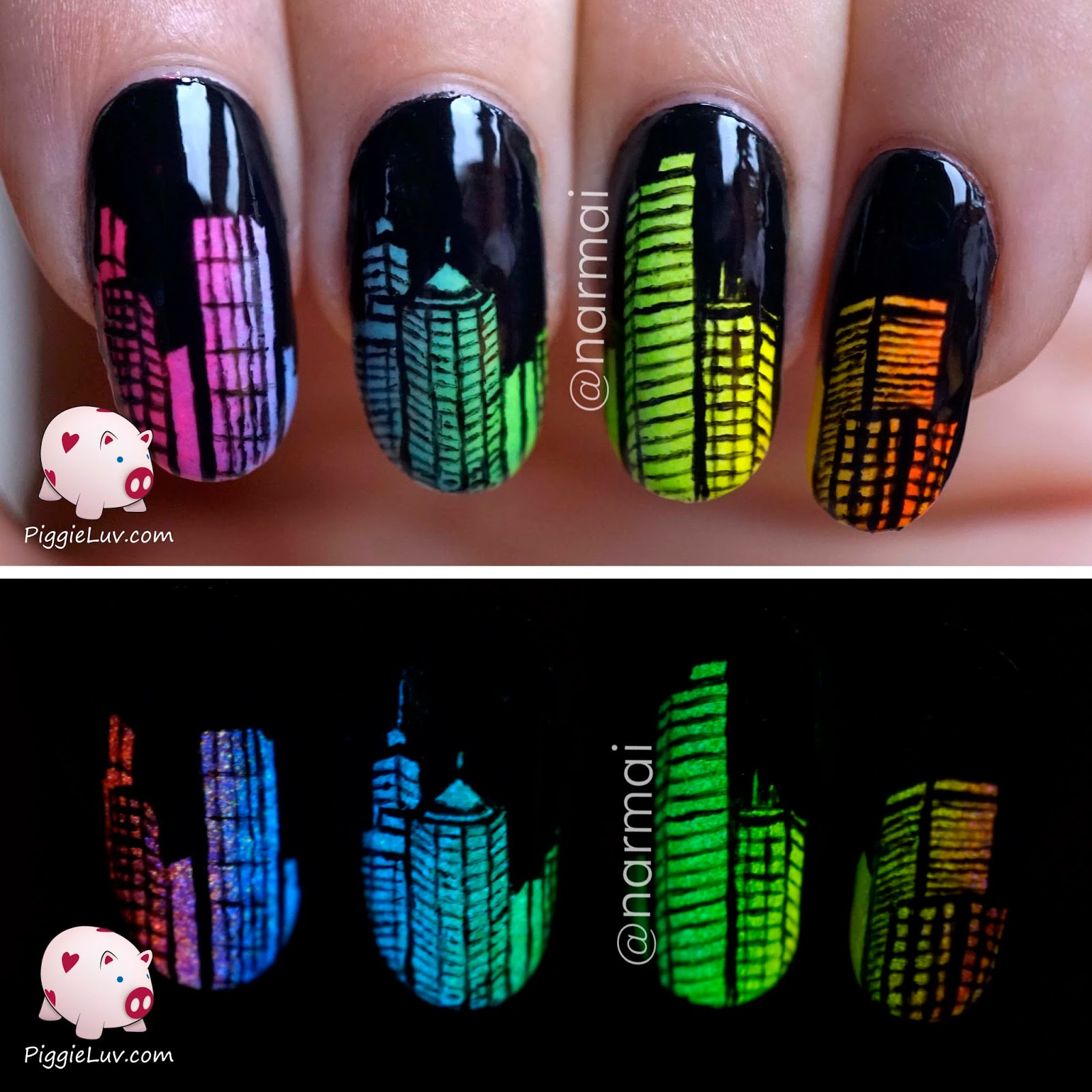 Glow In The Dark Nail Art
 PiggieLuv Glow in the dark city skyline nail art