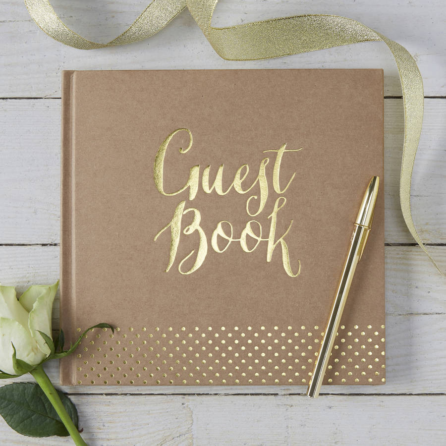 Gold Guest Book Wedding
 brown kraft and gold foiled wedding guest book by ginger