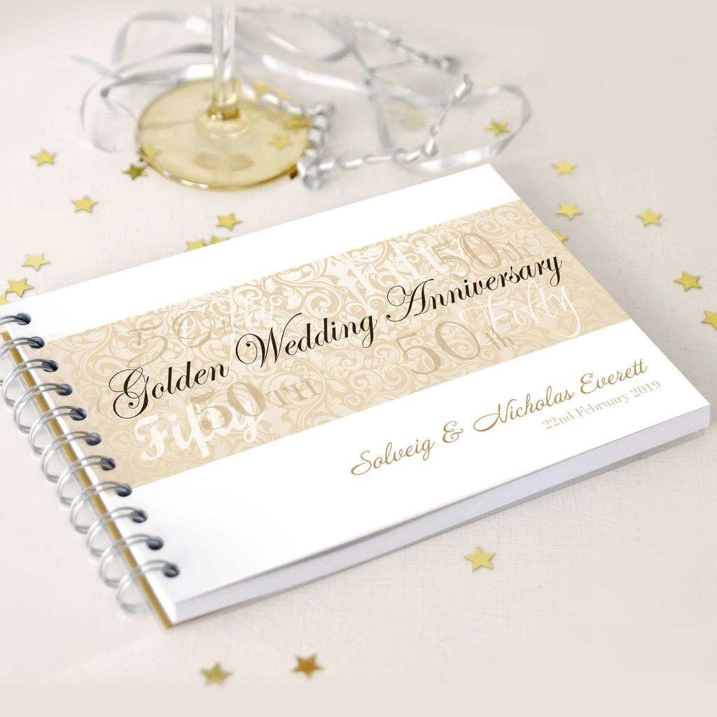 Golden Wedding Guest Book
 Personalised Golden Wedding Anniversary Guestbook By
