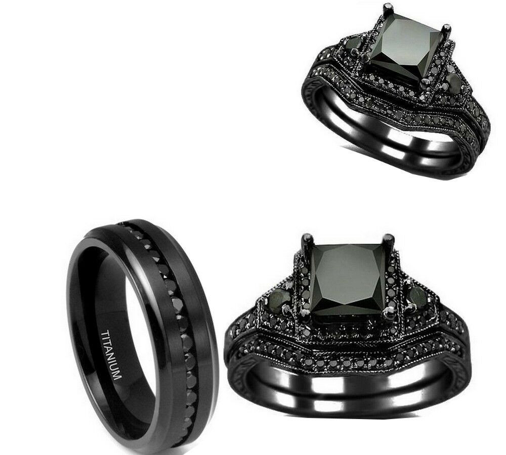 Gothic Wedding Bands
 HIS CZ TITANIUM AND HER BLACK GOTHIC CZ GOLD PLATED