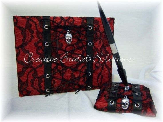 Gothic Wedding Guest Book
 Red Black Lace Gothic Wedding Guest Book and Pen