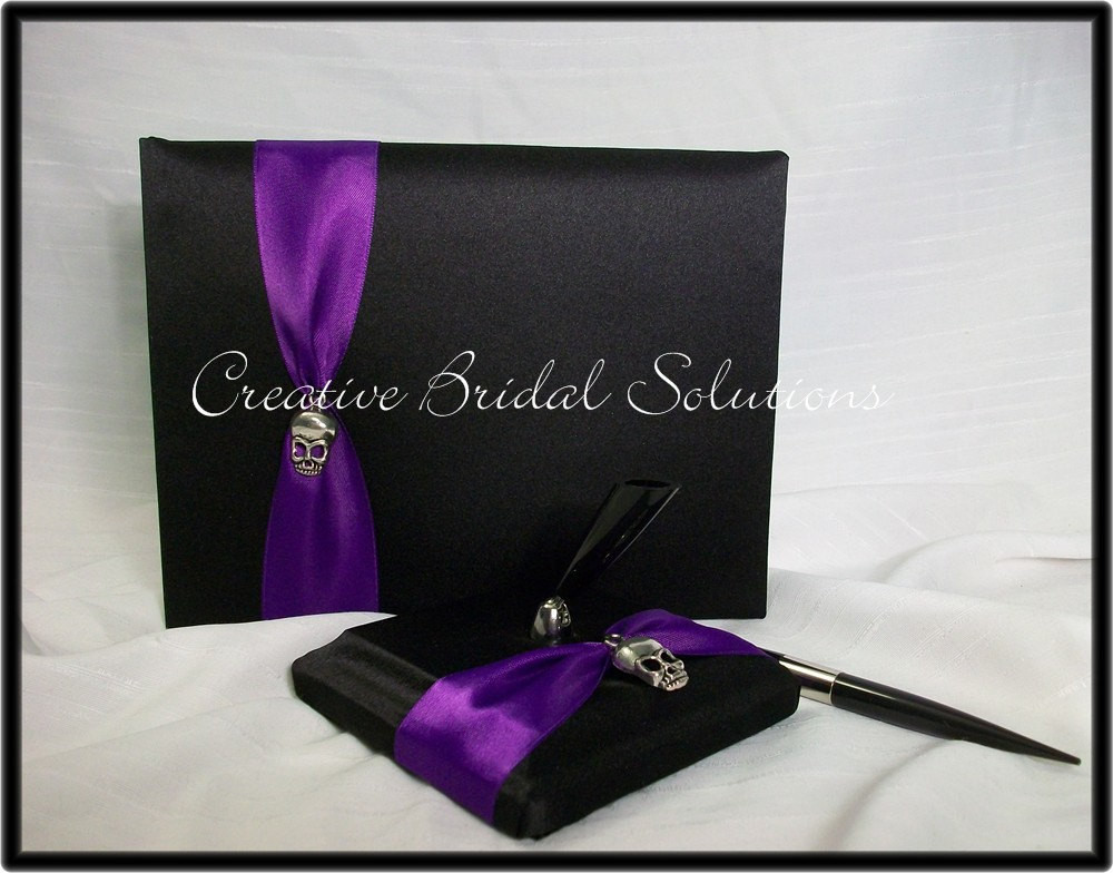 Gothic Wedding Guest Book
 Black and Purple Gothic Wedding Guest Book and Pen The Romona