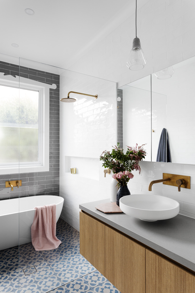 Gray Tile Bathroom
 Gray Subway Tiling in a Serene Pink & White Bathroom