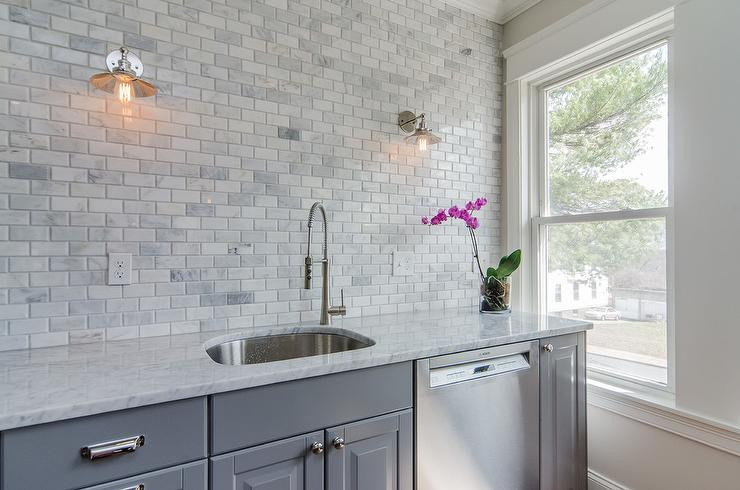 Gray Tile Kitchen
 Gray Kitchen Cabinets with Gray Marble Mini Subway Tiles