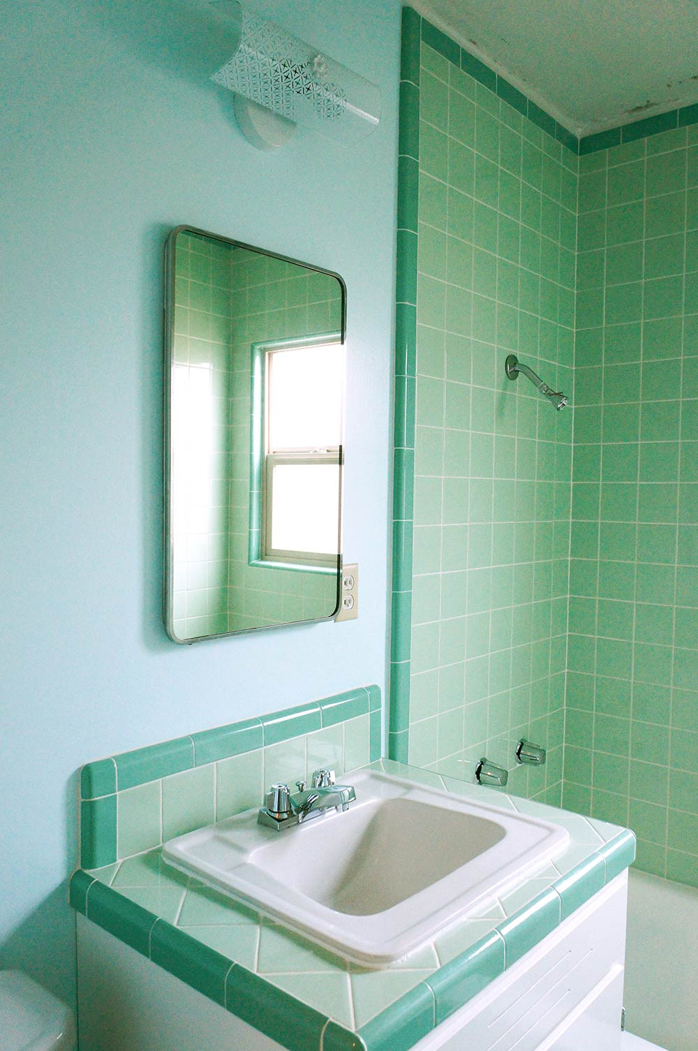 Green Bathroom Tiles
 Laura s green B&W Tile bathroom remodel in progress