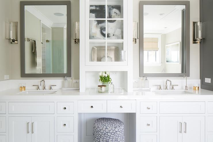 Grey Bathroom Mirror
 White Bathroom Vanity with Gray Mirror Transitional