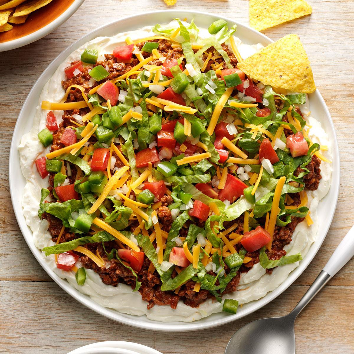 Ground Beef Dip Recipe
 7 layer taco dip with ground beef