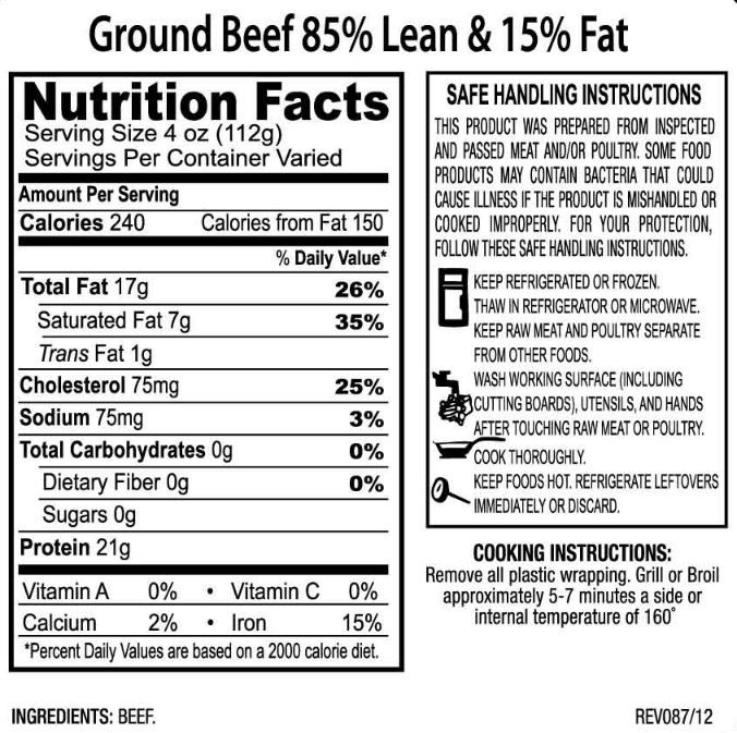 Ground Beef Nutritional Information
 Ground Beef