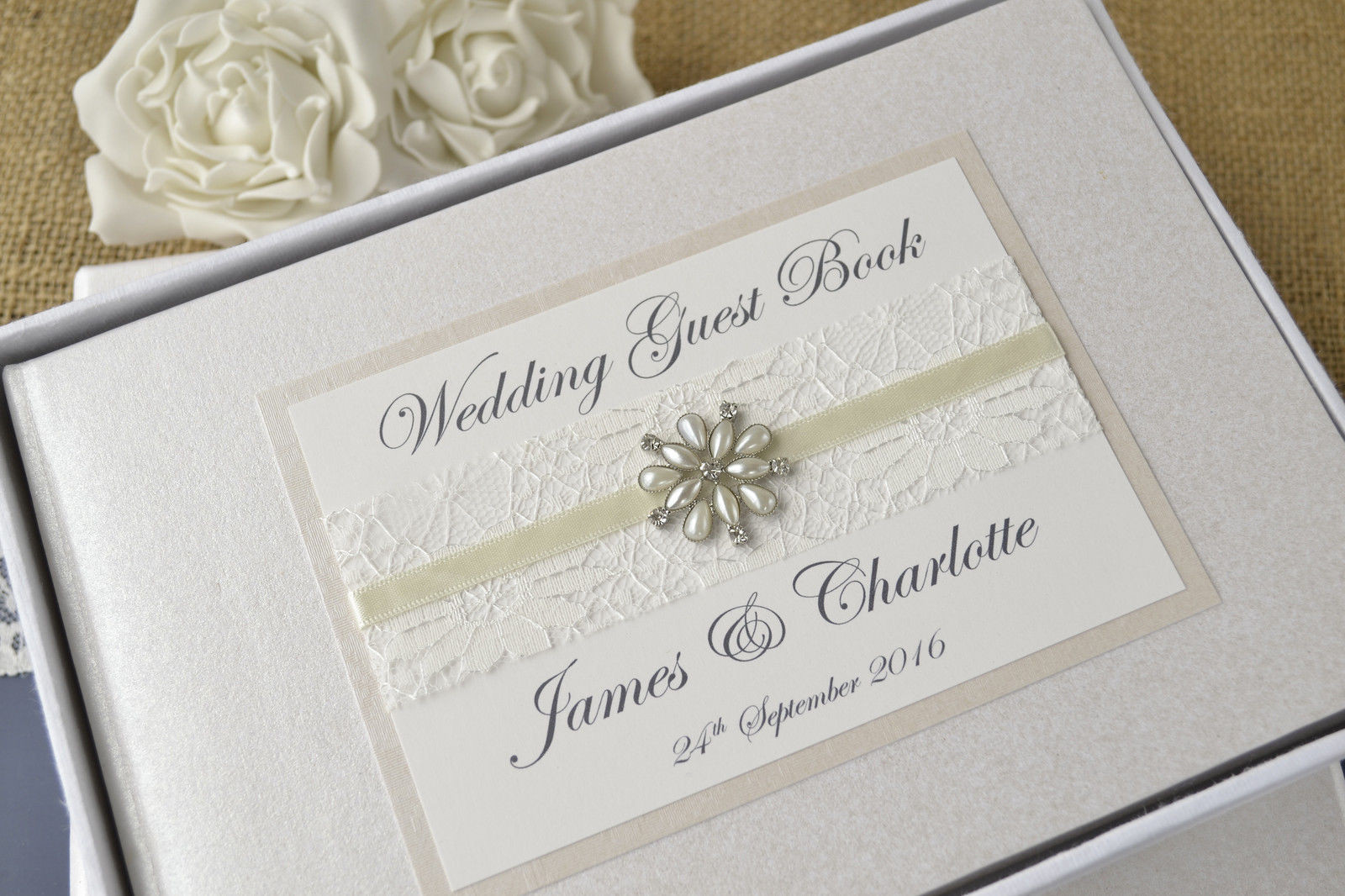 Guest Book For Weddings
 Personalised Wedding Guest Book – Vintage lace & jewel