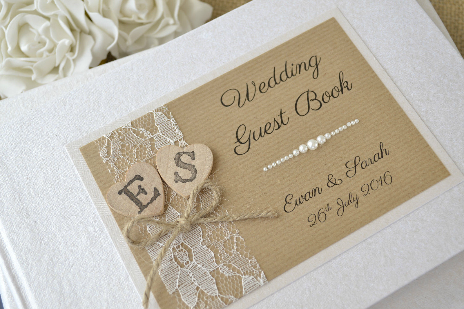Guest Book Wedding Uk
 Personalised Wedding Guest Book – Wooden Hearts & Lace
