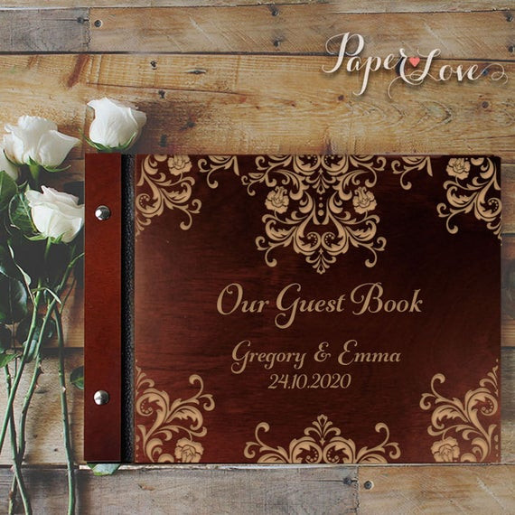 Guest Book Wedding Uk
 Brown Wooden Wedding Guest Book with a Stylish Laser Cut Cover