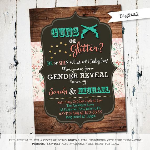 Guns And Glitter Gender Reveal Party Ideas
 Guns or Glitter gender reveal invitation western baby shower