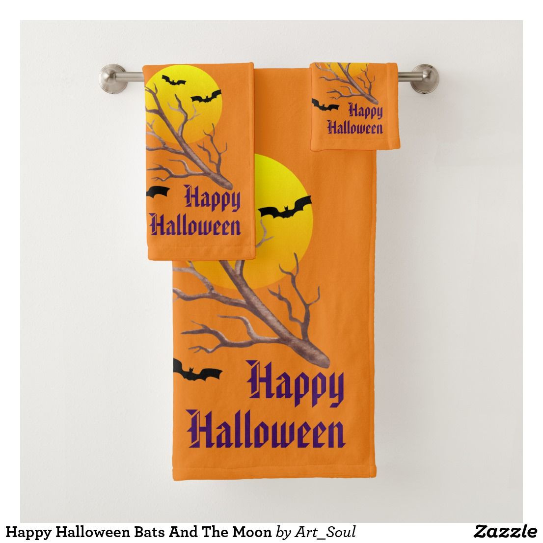 Halloween Bathroom Towels
 Happy Halloween Bats And The Moon Bath Towel Set