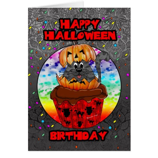 Halloween Birthday Card
 halloween birthday greeting card with cupcake cat