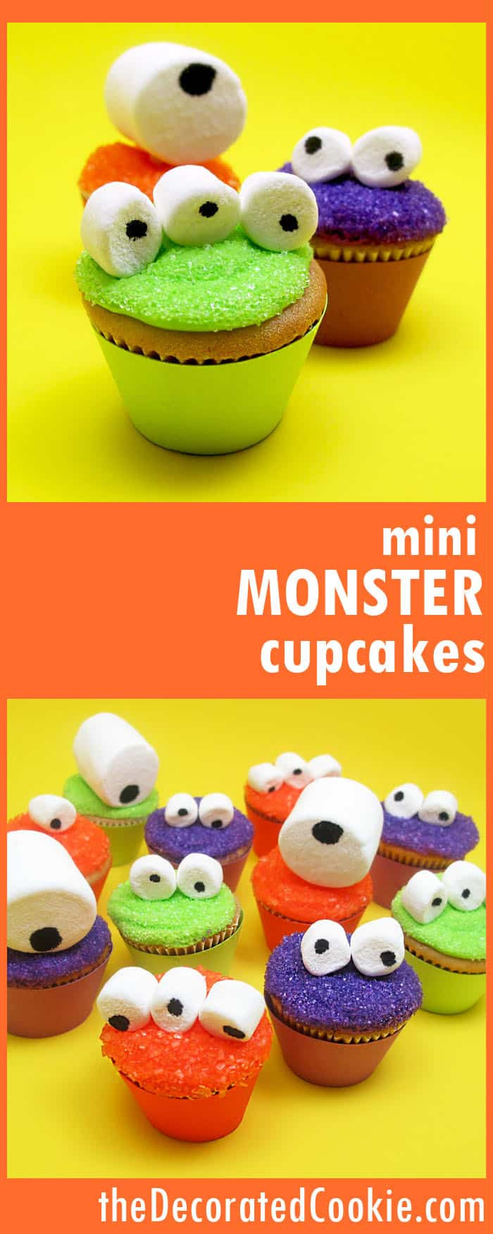 Halloween Monster Cupcakes
 mini monster cupcakes for an easy Halloween treat idea