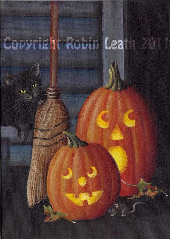 Halloween Porch Greeters
 Halloween Porch Greeters 5 X 7 Original Acrylic by RRLeath