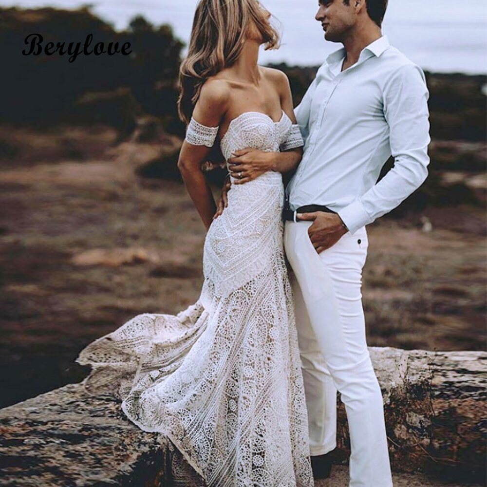 Hawaiian Beach Wedding Dresses
 y Boho Beach Ivory Lace Mermaid Wedding Dresses 2019