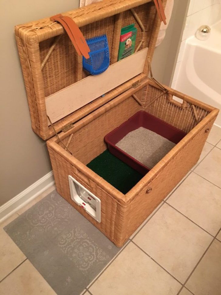 Hidden Cat Litter Box DIY
 Portable Cat Home Made From Simple Wicker Chest