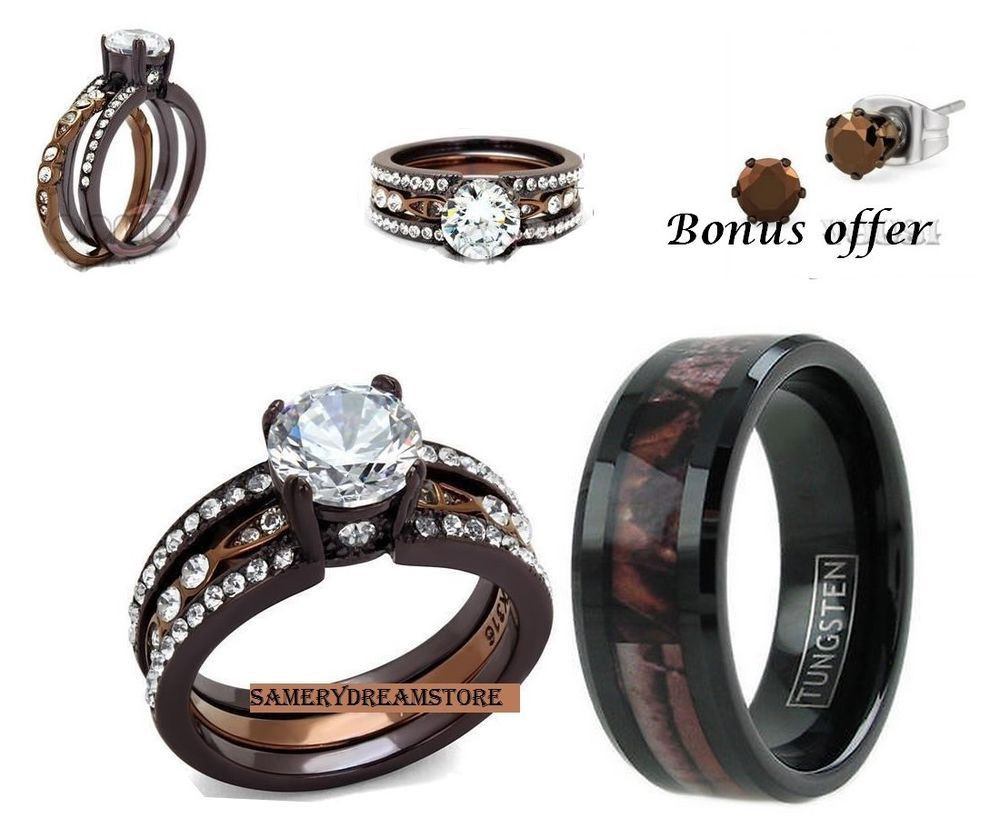 His And Her Camo Wedding Ring Sets
 HIS BROWN CAMO AND HER CHOCOLATE CZ STAINLESS STEEL WOMENS