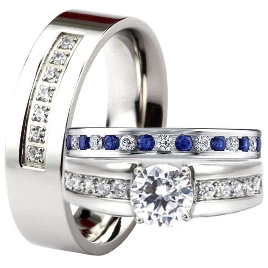 His N Hers Wedding Rings
 His and Hers Blue Sapphire CZ Engagement Ring Wedding Band