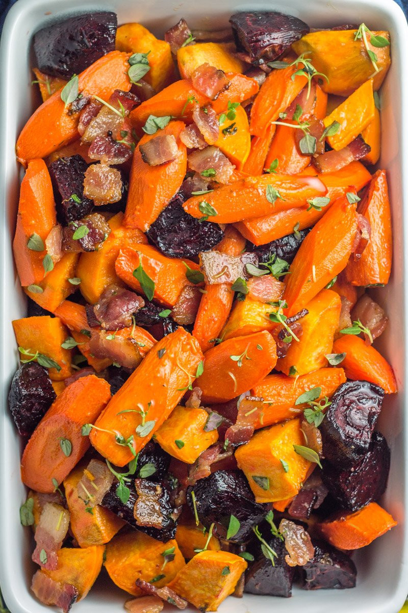 Honey Roasted Vegetables
 Honey Thyme Roasted Root Ve ables with Bacon