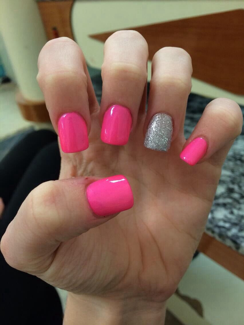 Hot Pink Glitter Nails
 Hot pink with glitter ring finger Nail ideas