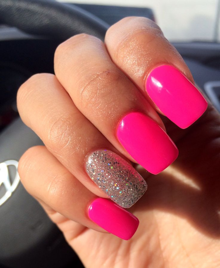 Hot Pink Glitter Nails
 Acrylic Nails Hot Pink Gel with Silver Clear Glitter