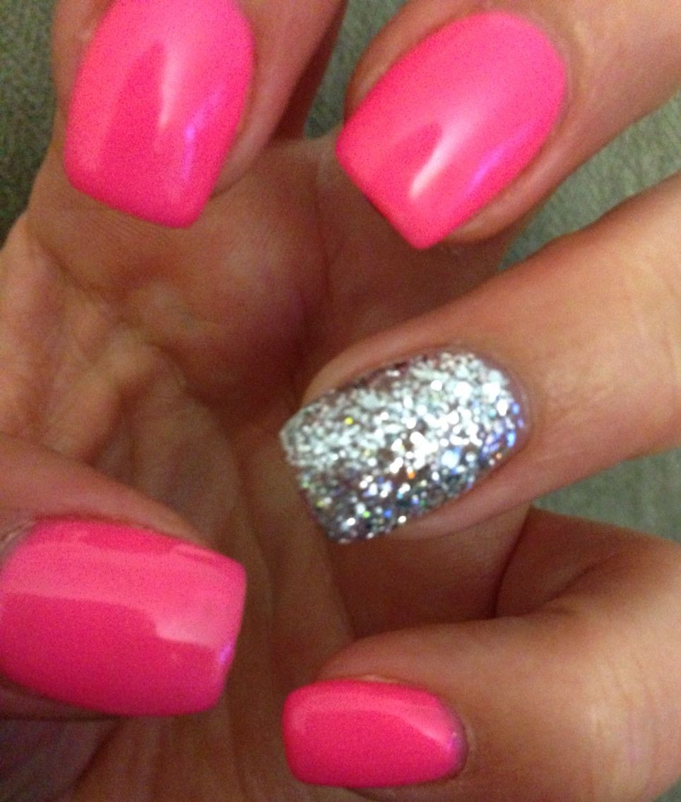 Hot Pink Glitter Nails
 Hot pink nails with glitter accent