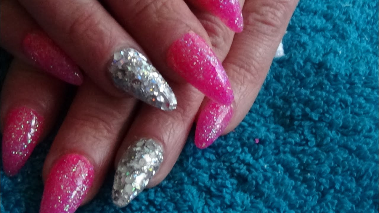 Hot Pink Glitter Nails
 neon hot pink & silver glitter acrylic nails