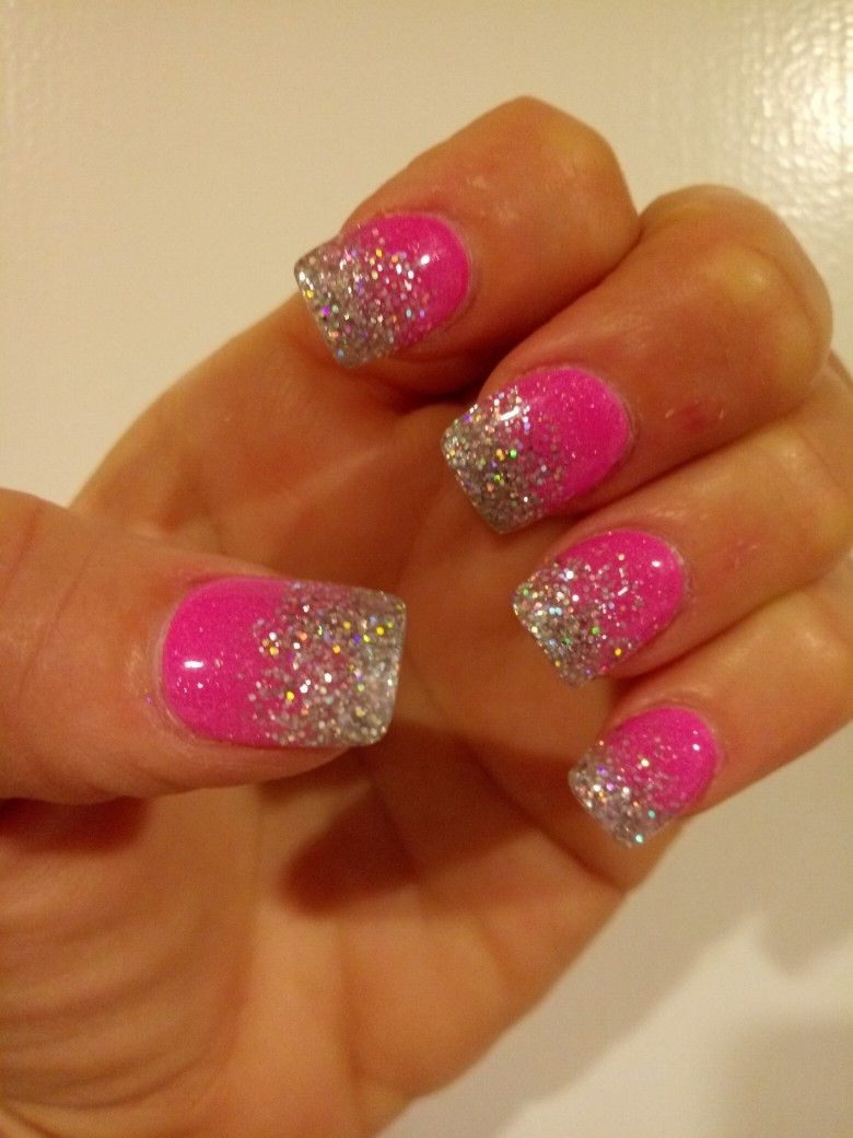 Hot Pink Glitter Nails
 Hot pink & silver glitter ombre nails