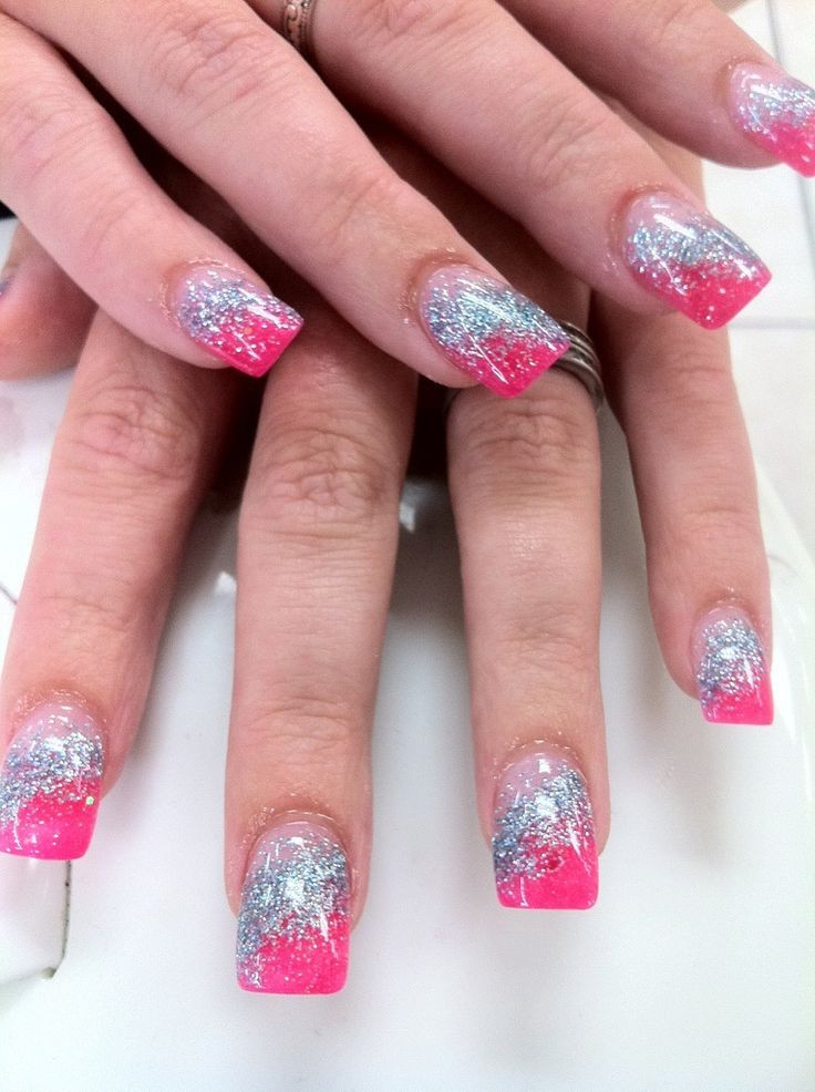 Hot Pink Glitter Nails
 Nails by Yen Hot pink and sky blue glitter acrylic nails